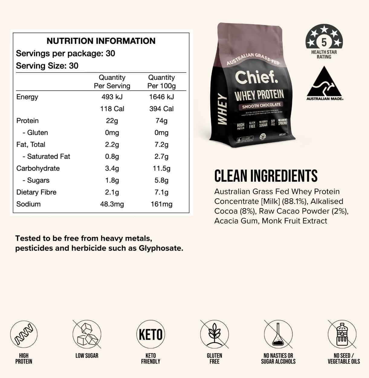 Grass-Fed Chocolate Whey Protein Powder 900g 30 Serves | Chief Nutrition