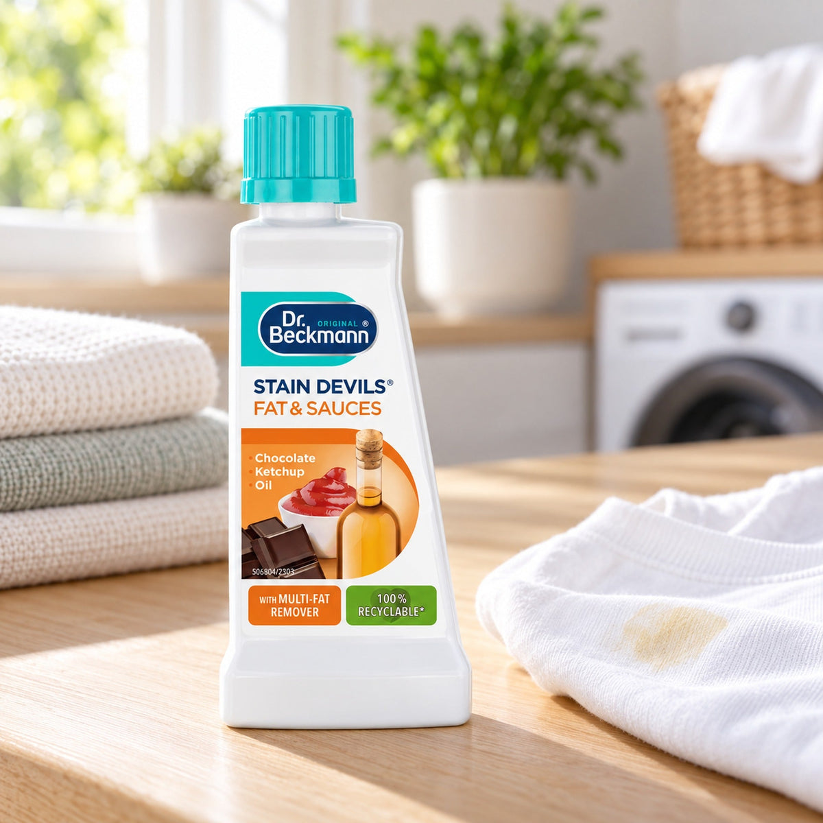 Dr. Beckmann Stain Devils Fat & Sauces 50 ml lifestyle image on a laundry bench beside folded fabric
