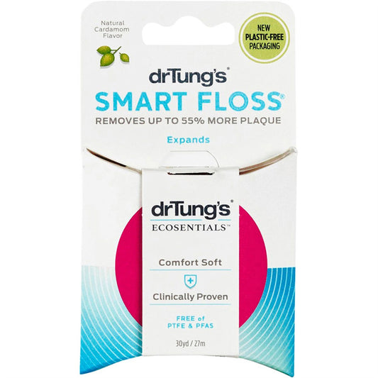 Single pink Dr. Tung's Smart Floss 27 m dispenser shown as a detail of the four-pack