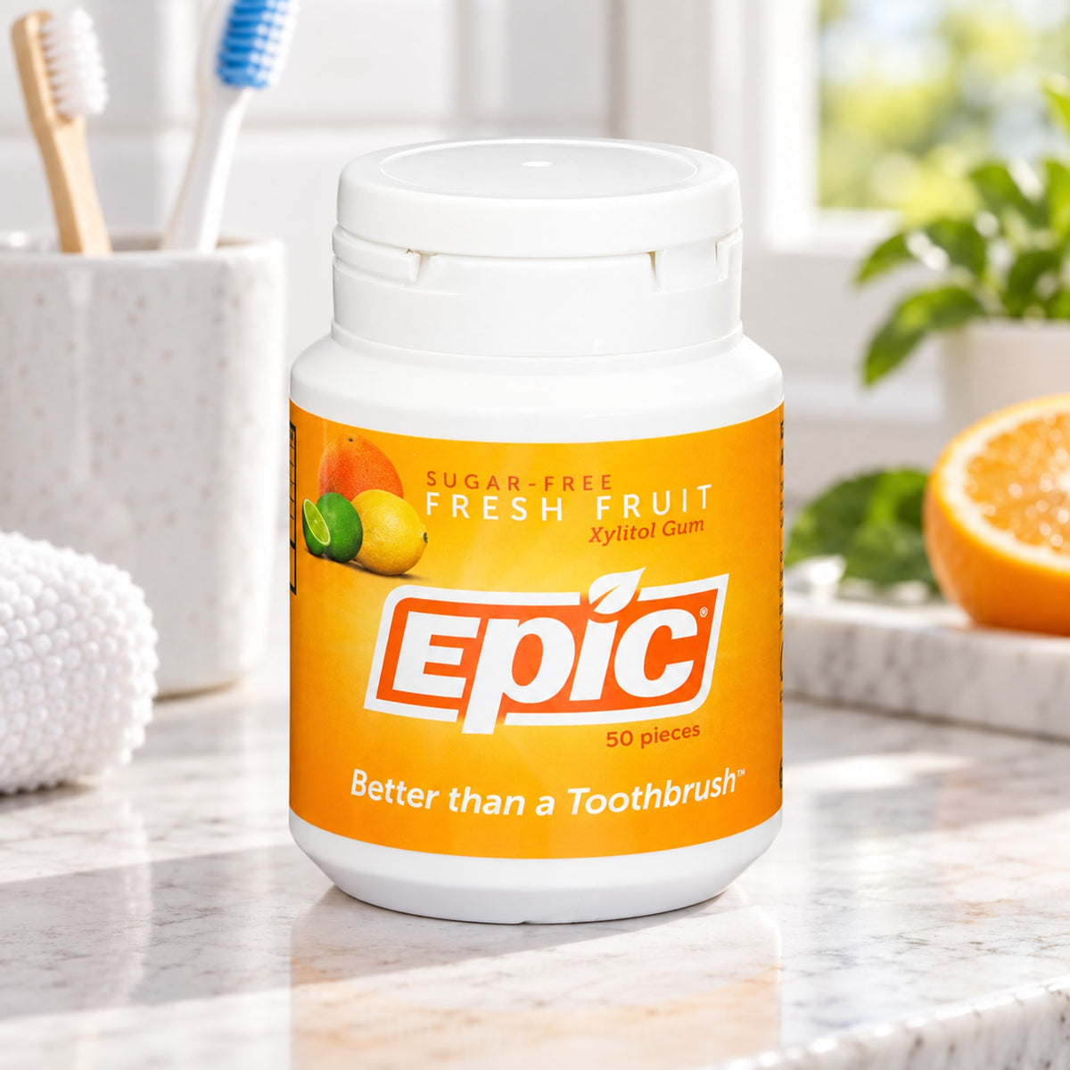 EPIC Fresh Fruit xylitol gum in a clean everyday oral-care setting