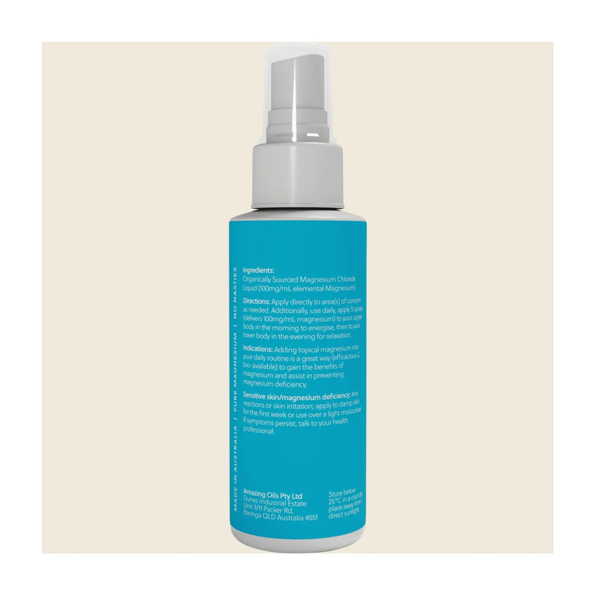 Blue bottle with a gray spray nozzle on a beige background