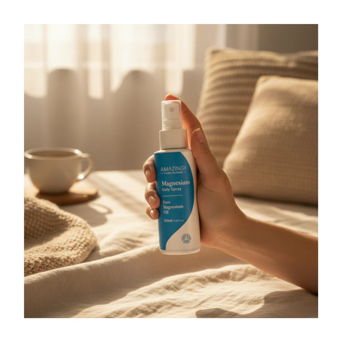 Hand holding a magnesium spray bottle on a soft, blurred indoor background