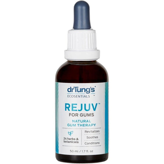 Bottle of dr. Tung's REJUV for Gums on a white background