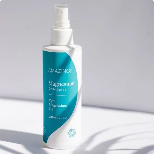 Bottle of magnesium daily spray with a blue label on a light gray background