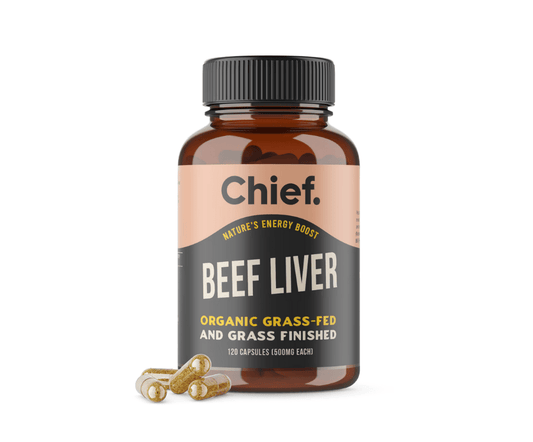 Chief Beef Liver supplement bottle with capsules on a white background