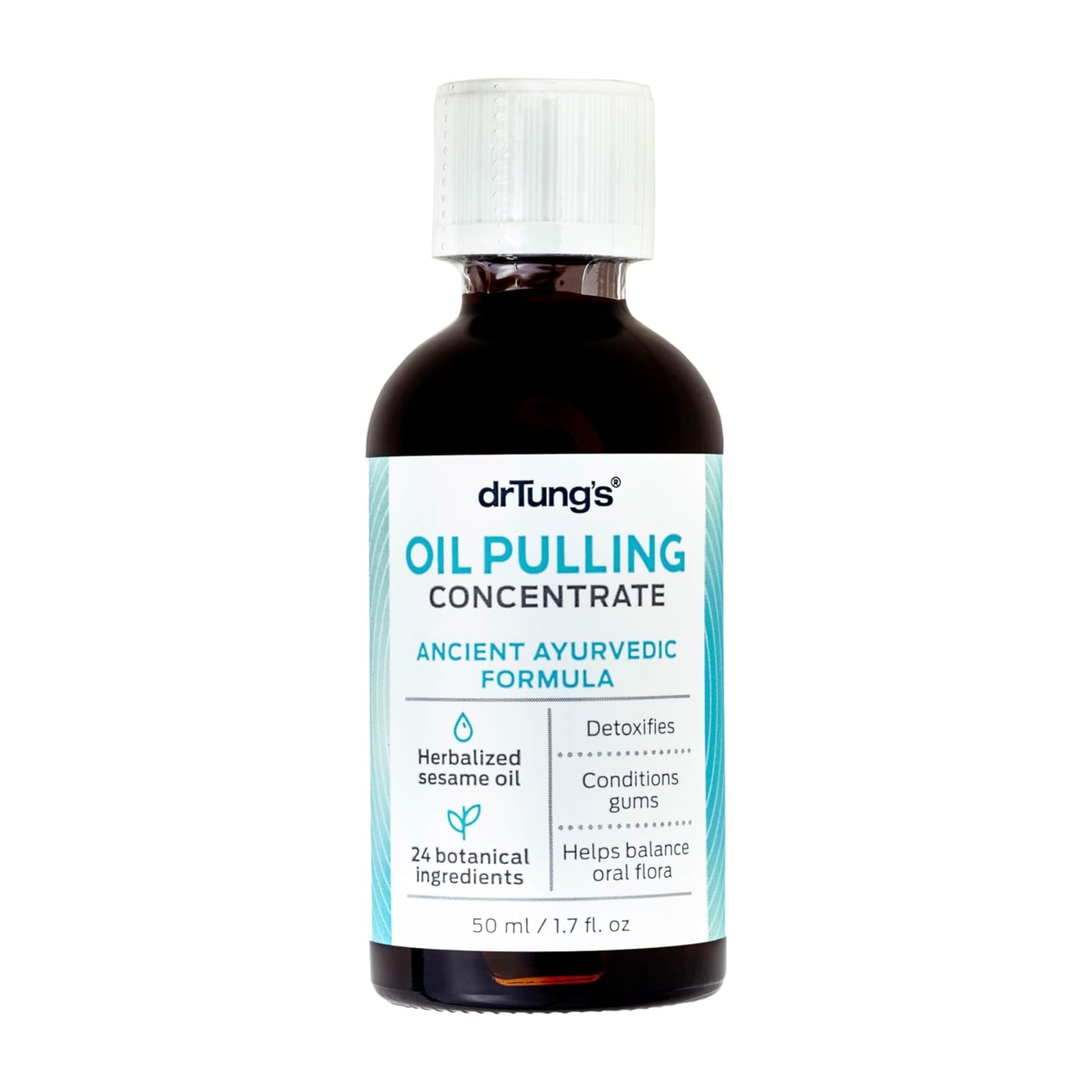 Bottle of drTung's OilPulling Concentrate on a white background