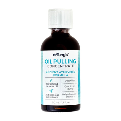 Bottle of drTung's OilPulling Concentrate on a white background