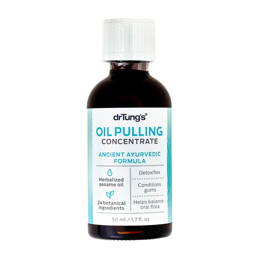 Bottle of drTung's OilPulling Concentrate on a white background