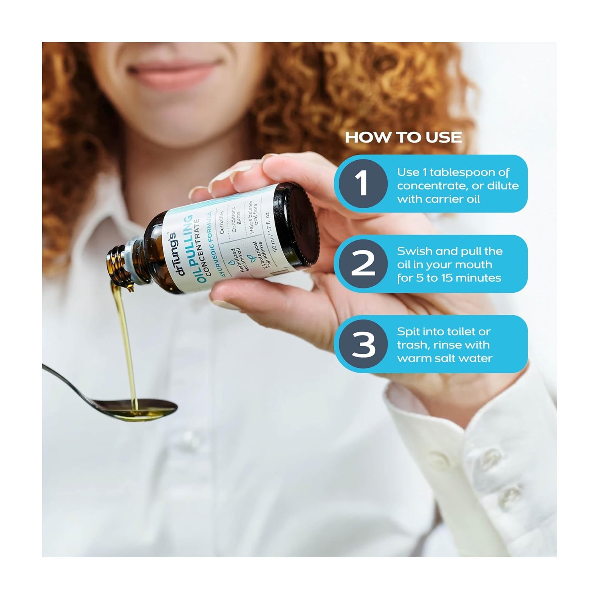 Person holding a bottle with instructions on how to use it, featuring a spoon with liquid.