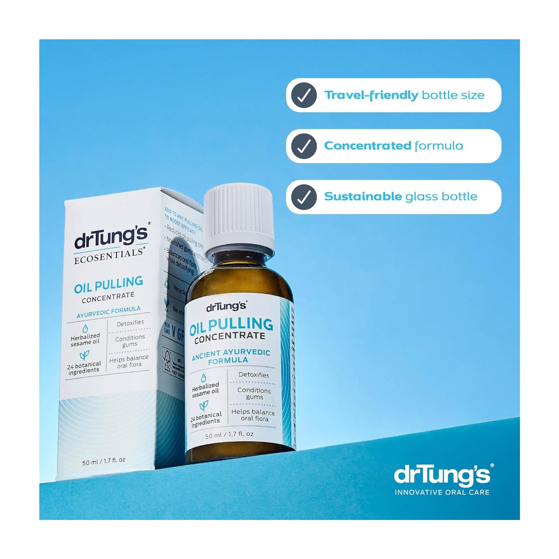 DrTung's Oil Pulling Concentrate bottle and packaging on a blue background