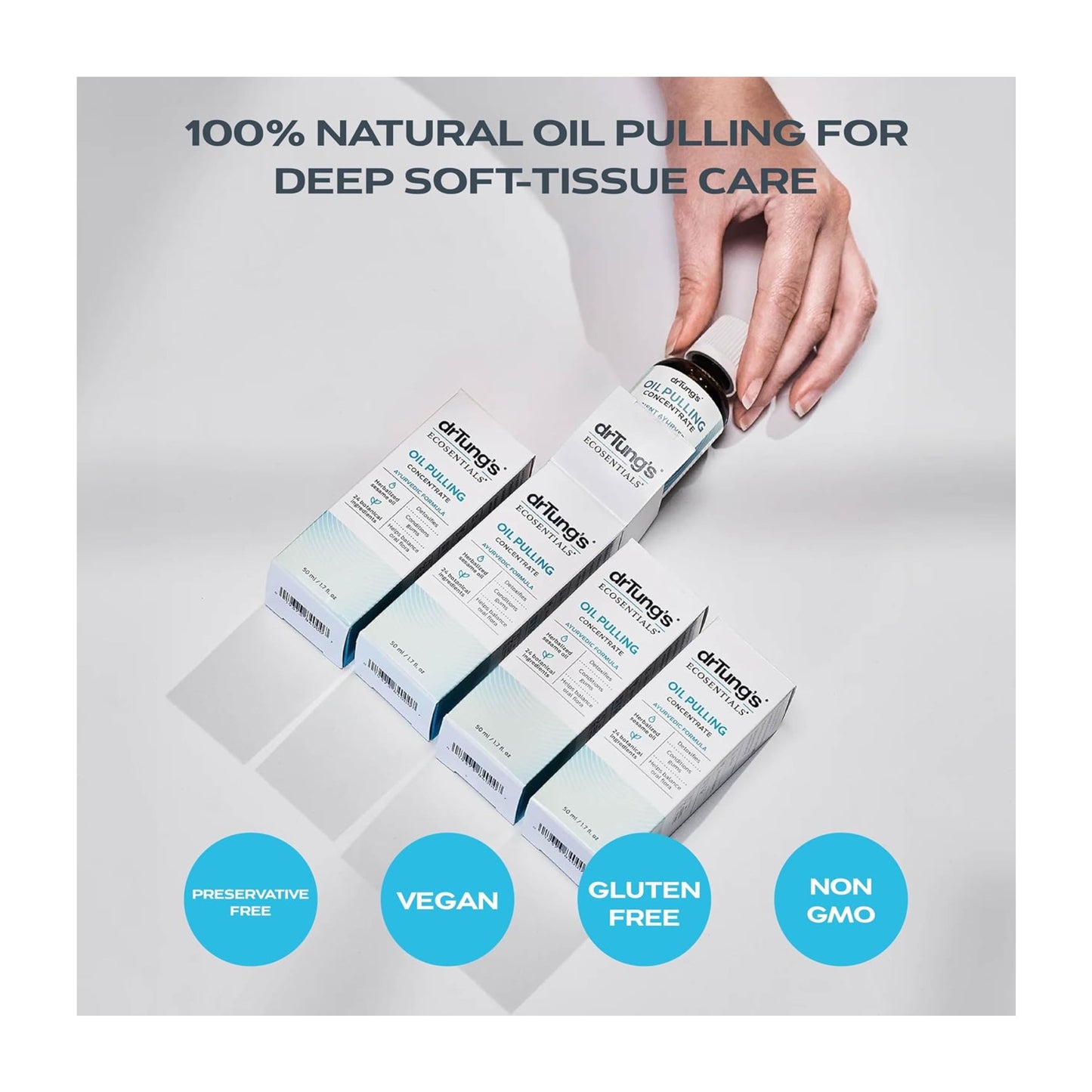 Dr. Furth's oil pulling products with a hand holding one of them on a light gray background.