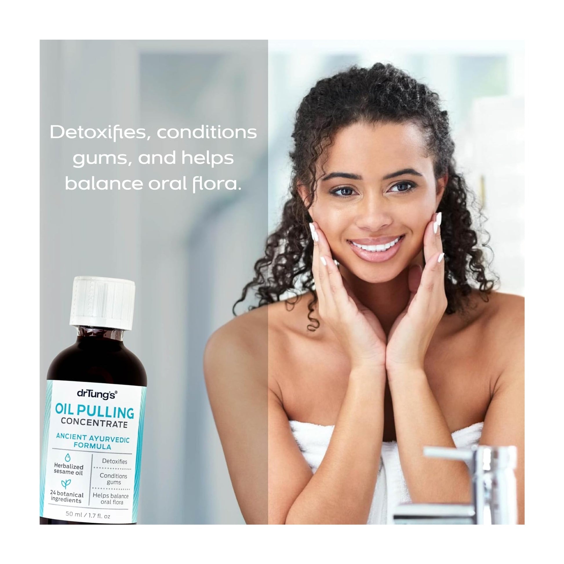 Woman with a towel around her neck next to a bottle of oil pulling concentrate.