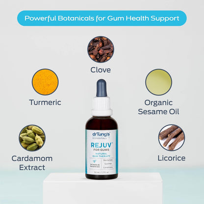 Dr. Tung's REJUV for Gums product with botanical ingredients on a light gray background