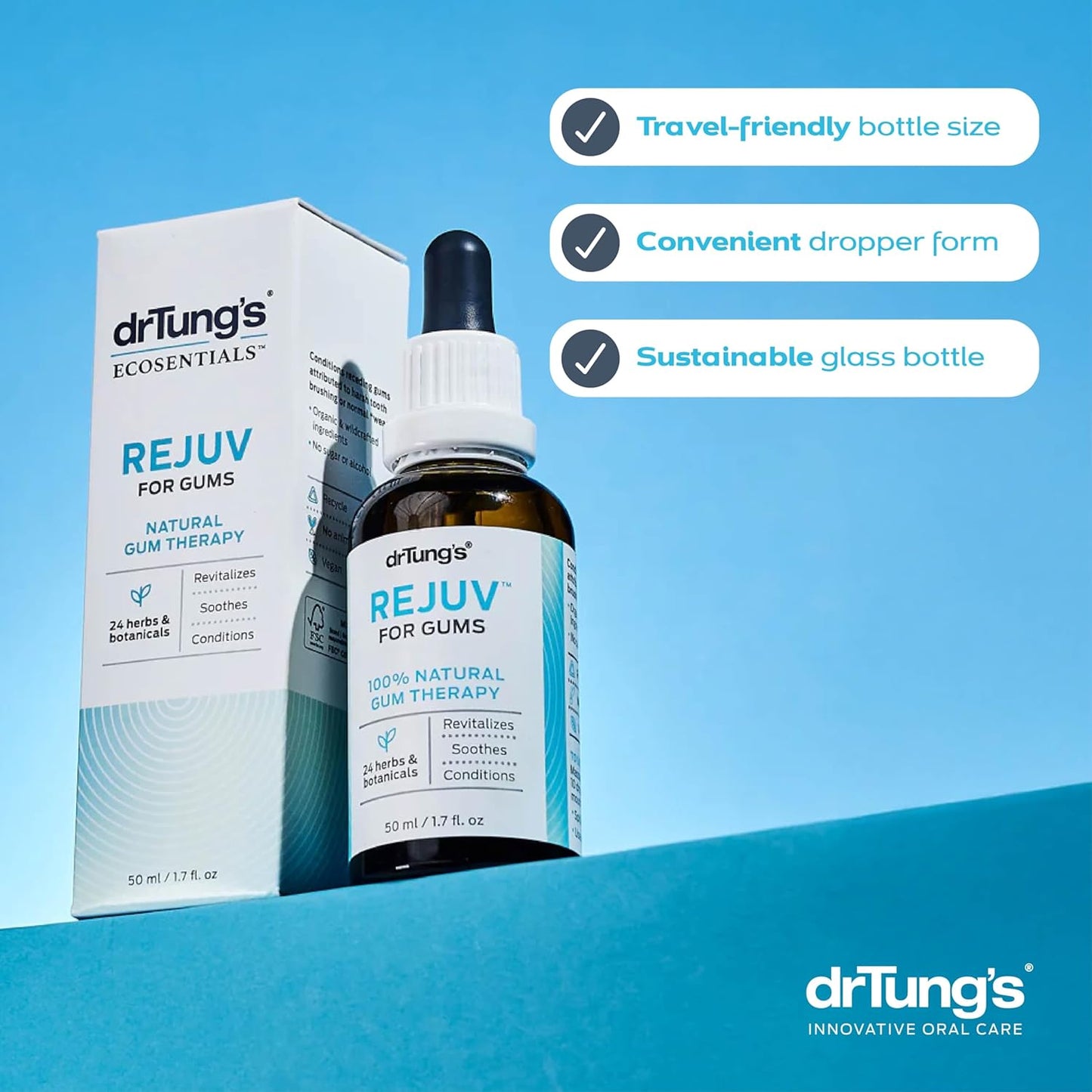 Dr. Tung's REJUV for Gums product with packaging on a blue background