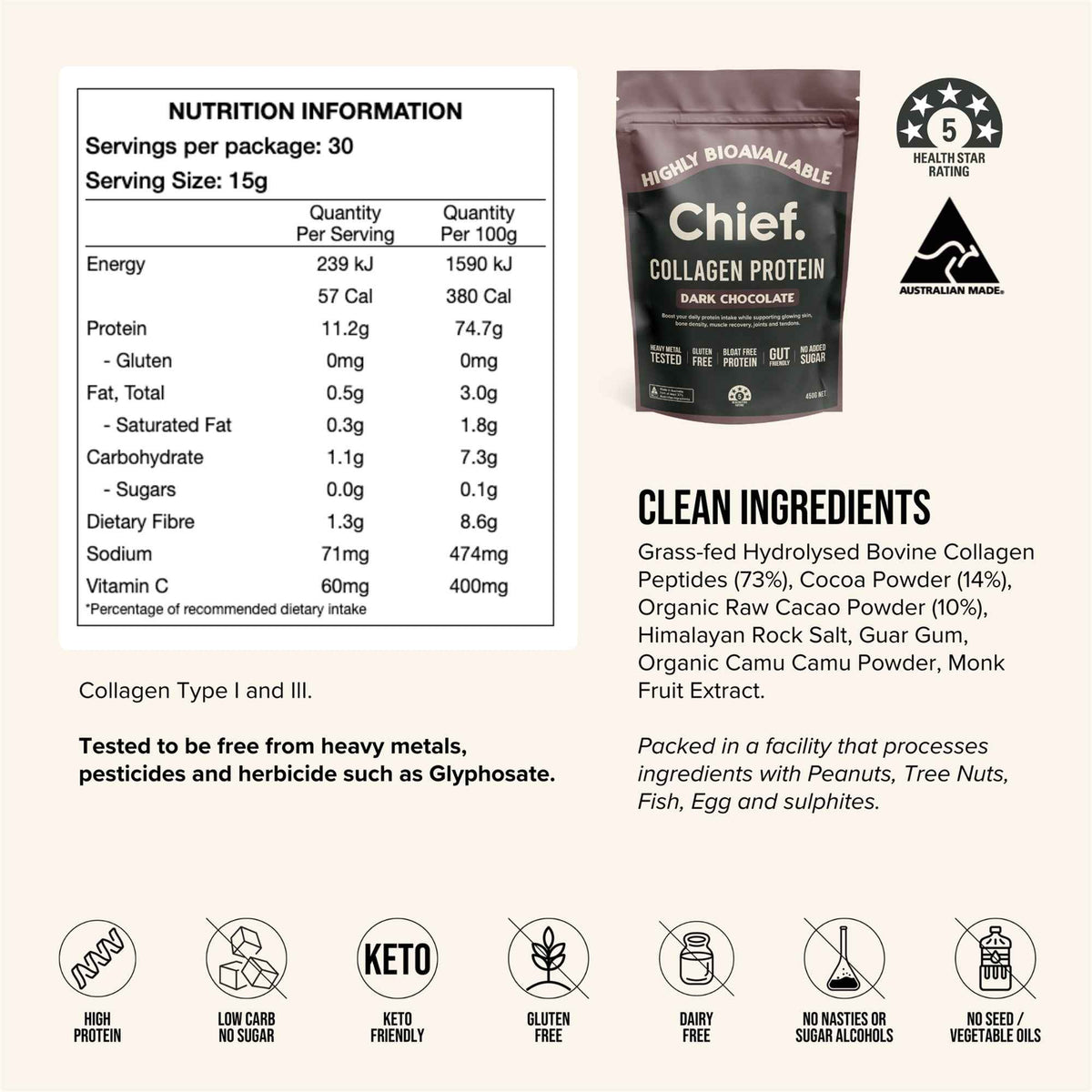 Chief Grass-Fed Collagen Protein Powder Dark Chocolate 450g 60 Serves – Pack of 2