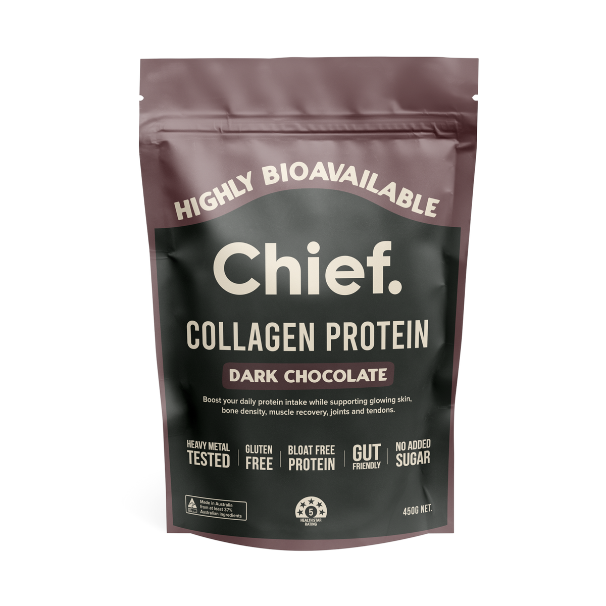 Chief Collagen Protein Dark Chocolate 450g pouch on a clean white background
