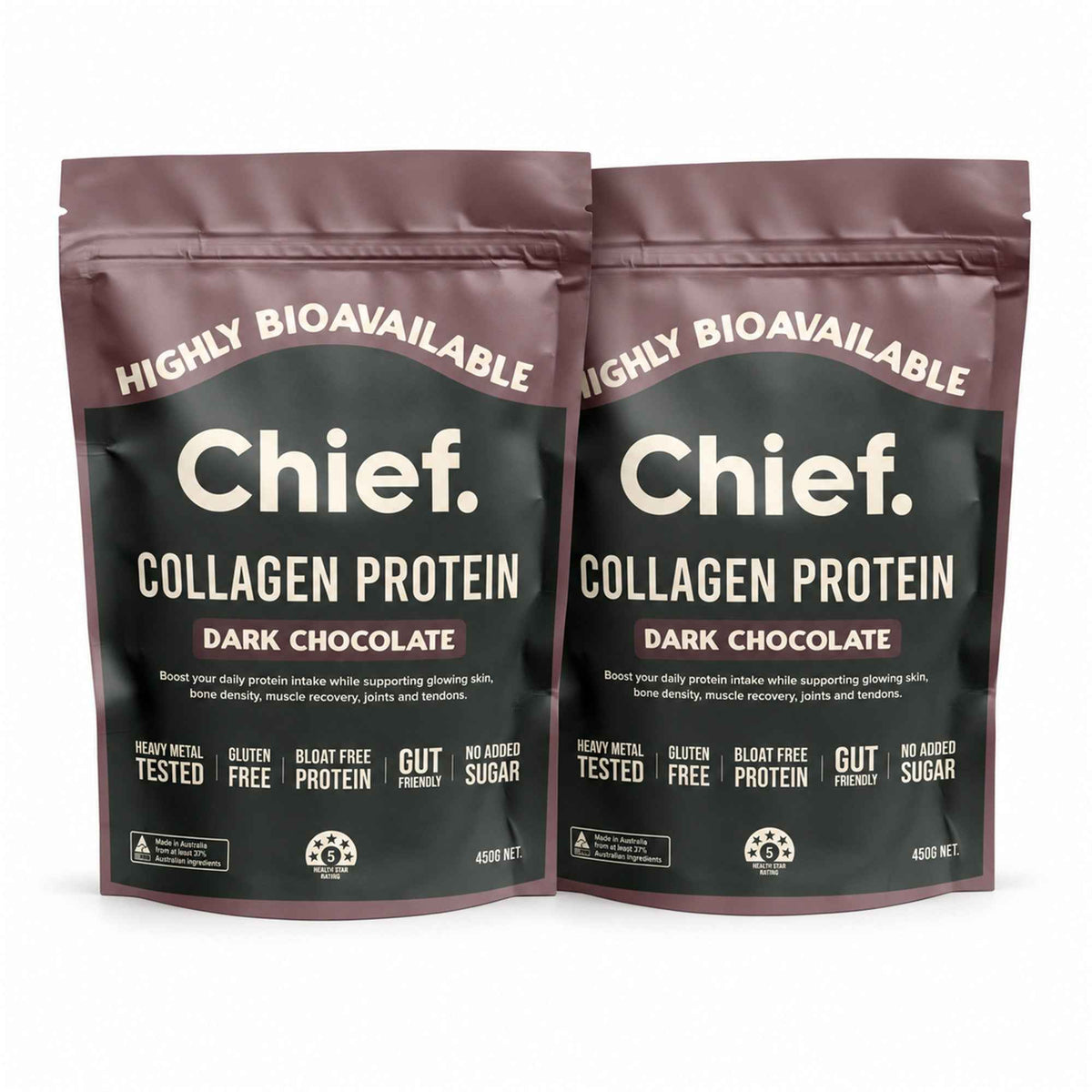Chief Grass-Fed Collagen Protein Powder Dark Chocolate 450g 60 Serves – Pack of 2