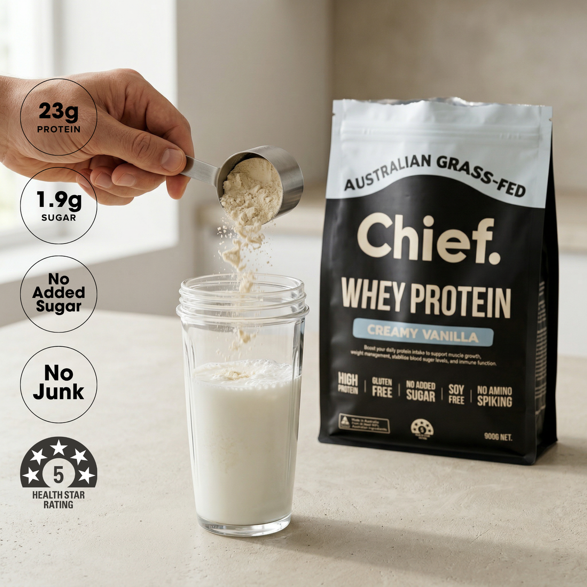 Chief Creamy Vanilla Grass-Fed Whey Protein shake with 23g protein per serve