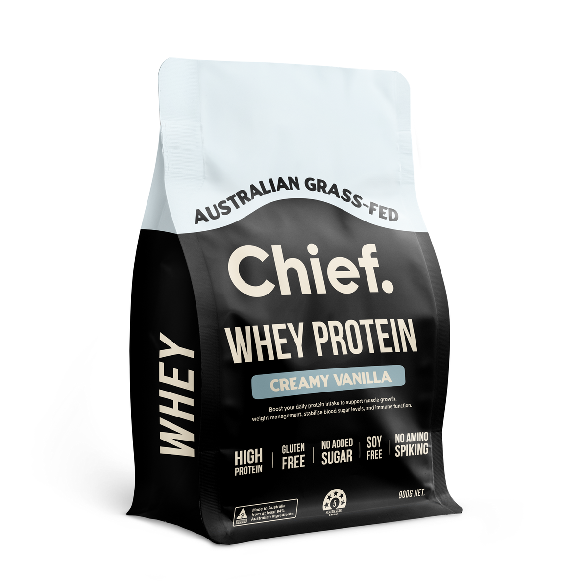 Chief Grass-Fed Whey Protein Creamy Vanilla 900g pouch on white background