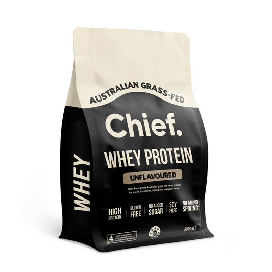 Chief Grass-Fed Whey Protein Unflavoured 900g pouch on white background