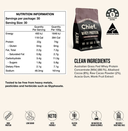 Grass-Fed Chocolate Whey Protein Powder 900g 30 Serves | Chief Nutrition