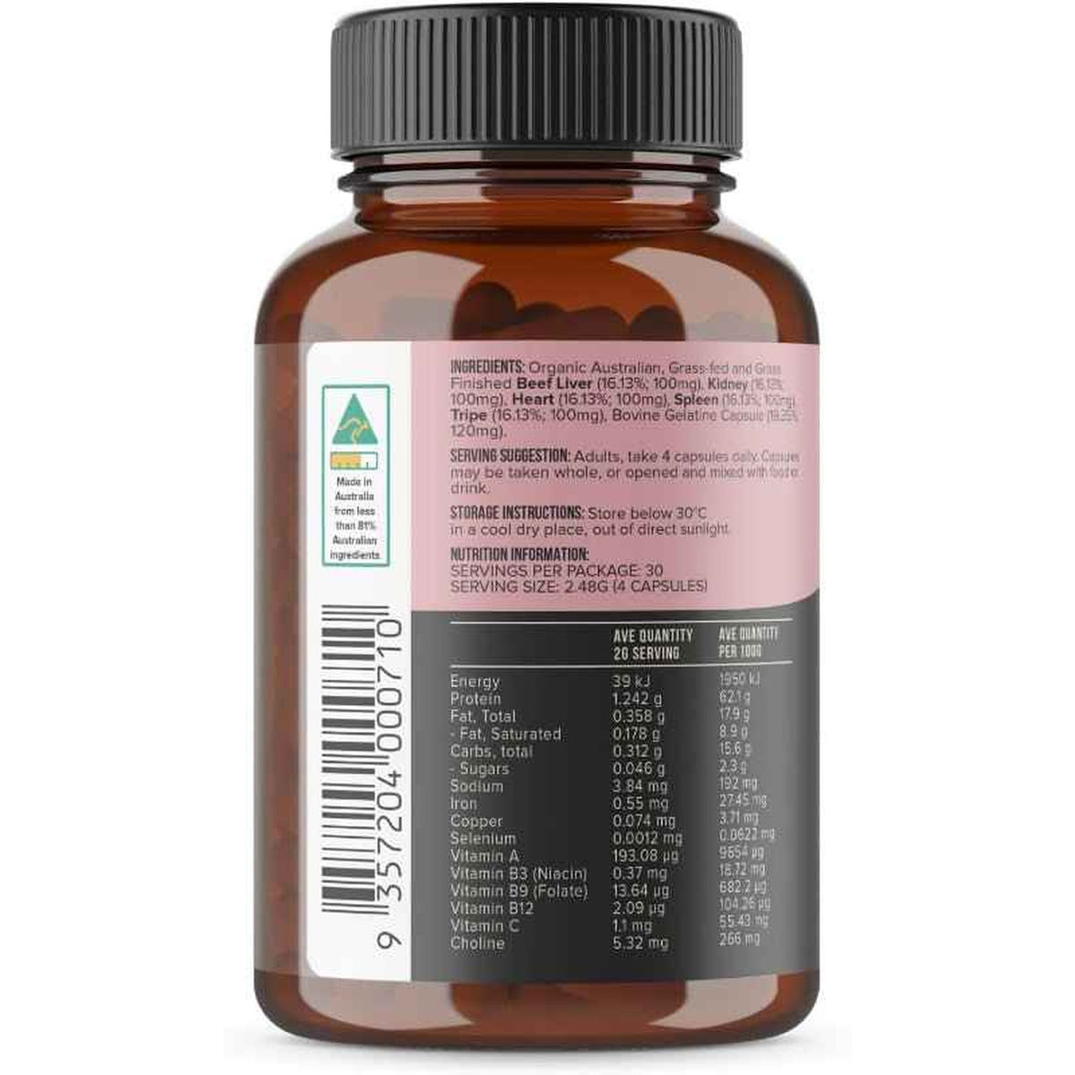 Chief beef organ capsules bottle showing ingredients and serving information