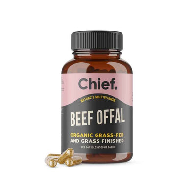 Chief Organic Australian Beef Organ Capsules 120, front bottle on a pure white background