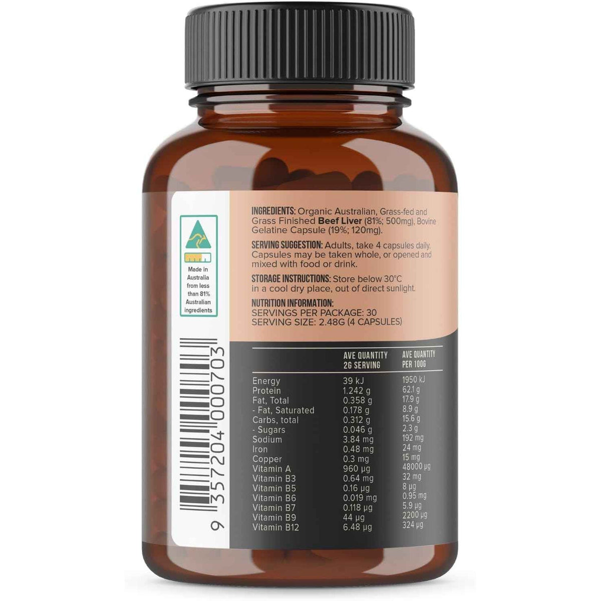 Chief Organic Australian Beef Liver Capsules 120 ingredients and nutrition label