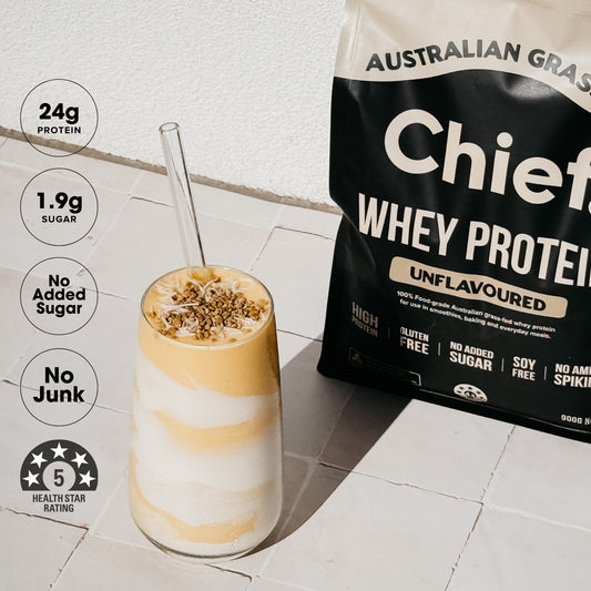 Chief Unflavoured Grass-Fed Whey Protein shake with 24g protein per serve