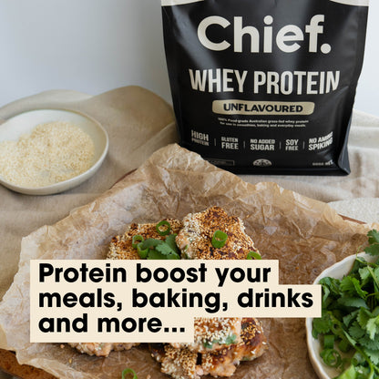 Chief Unflavoured Whey Protein 900g used in meals, baking and drinks