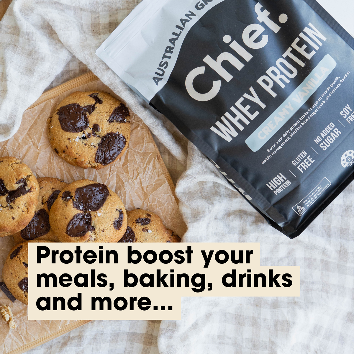 Chief Creamy Vanilla Whey Protein 900g used for baking, smoothies and drinks
