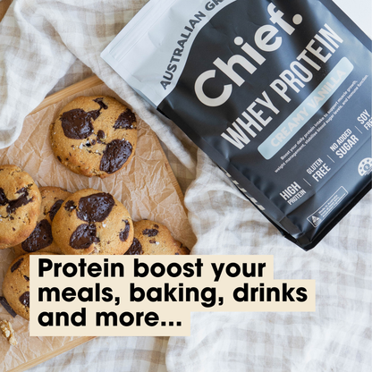Chief Creamy Vanilla Whey Protein 900g used for baking, smoothies and drinks