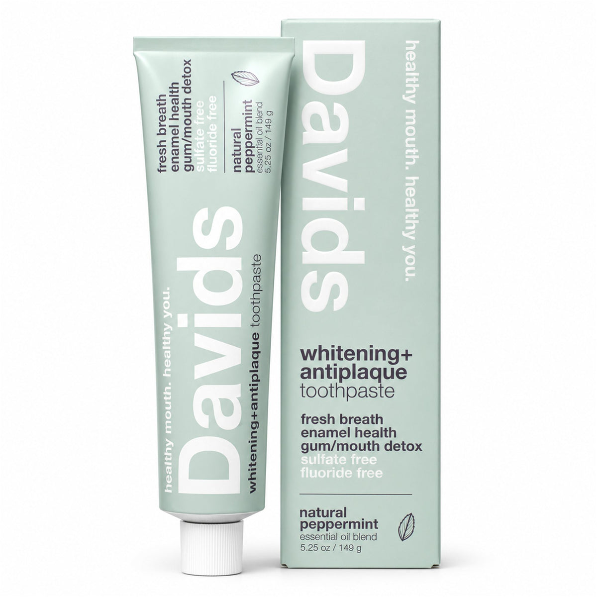 Davids Whitening + Antiplaque Natural Peppermint Toothpaste 149g tube and box on white background