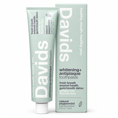 Davids Whitening + Antiplaque Natural Peppermint Toothpaste 149g tube and box on white background