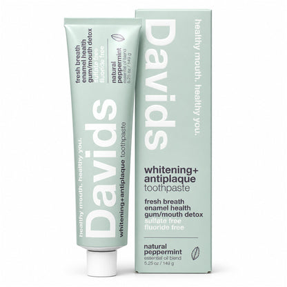 Davids Whitening + Antiplaque Natural Peppermint Toothpaste 149g tube and box on white background