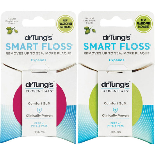Two packs of DrTung’s Smart Floss, 27 m each, natural cardamom flavour; pack colours may vary