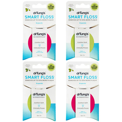 Four Dr. Tung's Smart Floss cardamom 27 m dispensers on white, shown in assorted colours