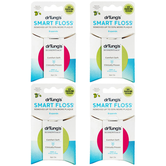 Four Dr. Tung's Smart Floss cardamom 27 m dispensers on white, shown in assorted colours