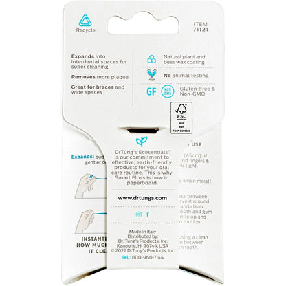 Back of DrTung’s Smart Floss packaging with materials and flossing directions