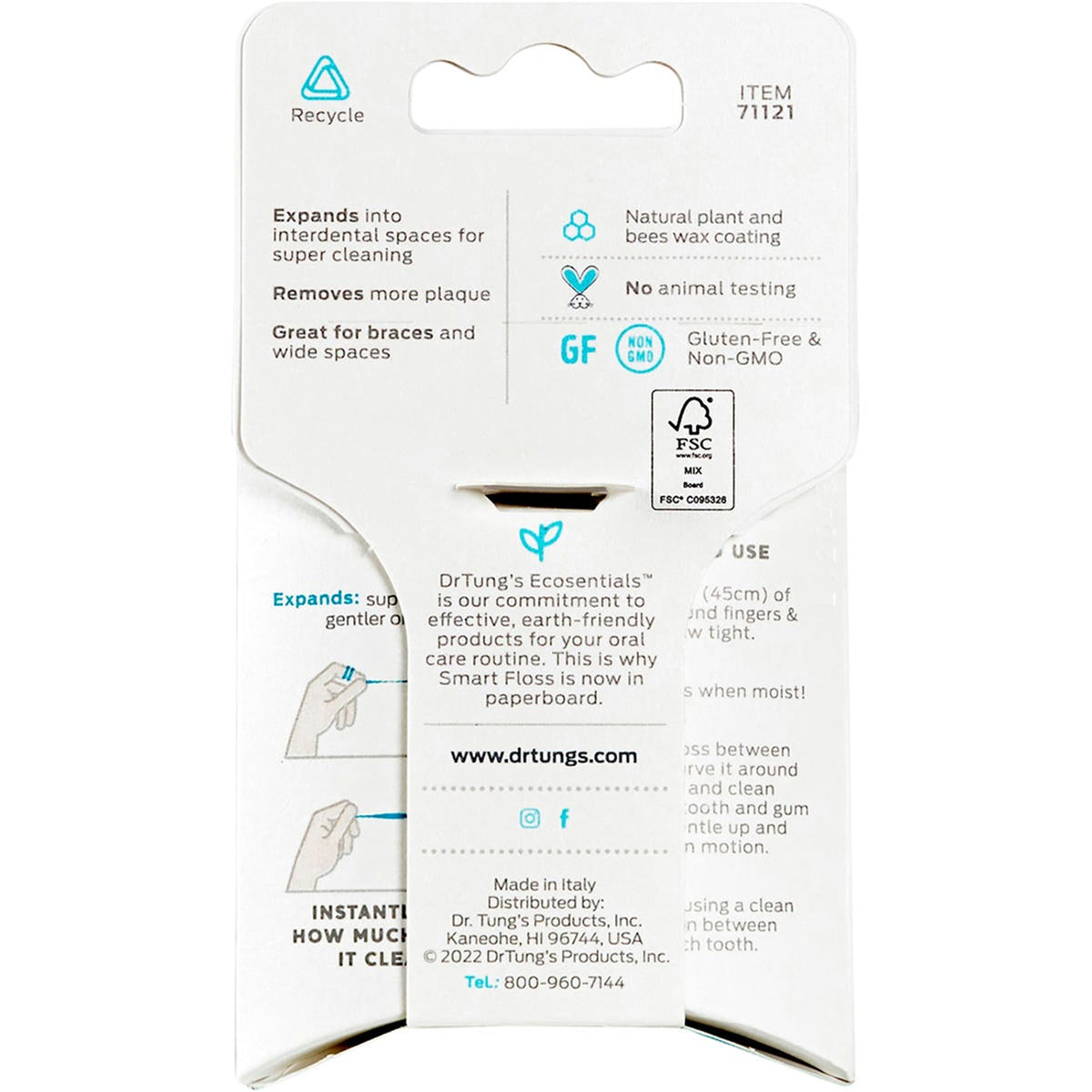 Back label of one Dr. Tung's Smart Floss 27m dispenser in the six-pack