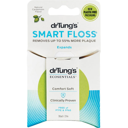 Green Dr. Tung's Smart Floss cardamom 27m package shown as a six-pack detail