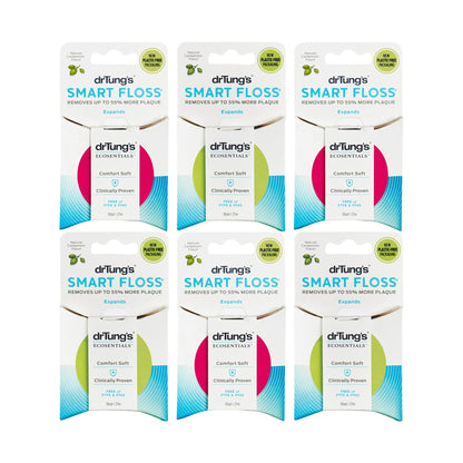 Six Dr. Tung's Smart Floss cardamom 27m dispensers on white; assorted pack colours may vary