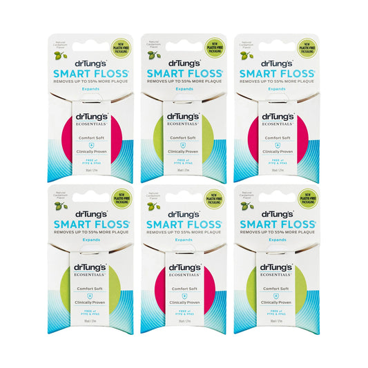 Six Dr. Tung's Smart Floss cardamom 27m dispensers on white; assorted pack colours may vary