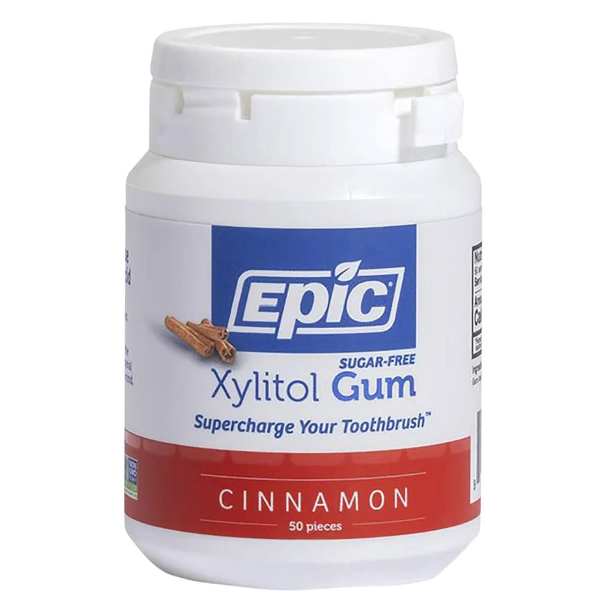 EPIC cinnamon xylitol chewing gum 50 pack front view on white background