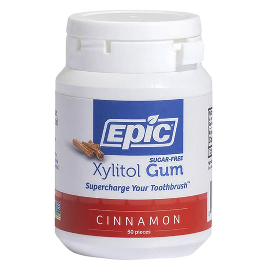 EPIC cinnamon xylitol chewing gum 50 pack front view on white background