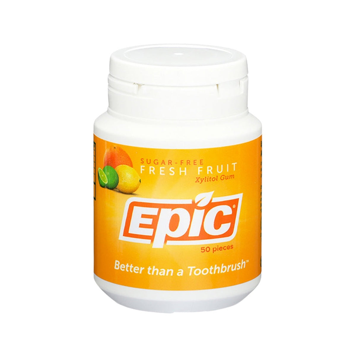 EPIC Fresh Fruit xylitol chewing gum 50-piece bottle on white background