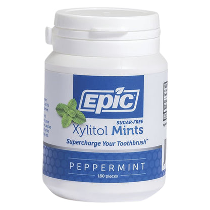 EPIC xylitol peppermint dental mints 180 pack front view on white background