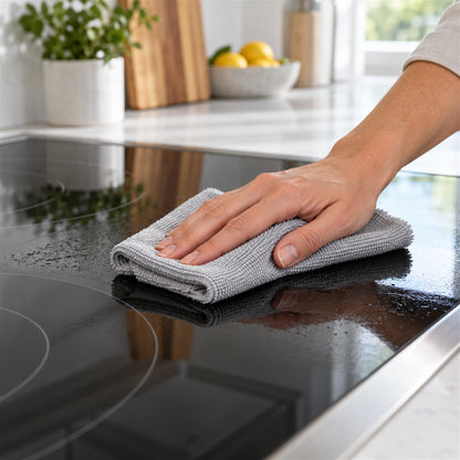 Damp microfiber cloth gently wiping a cool glass ceramic cooktop