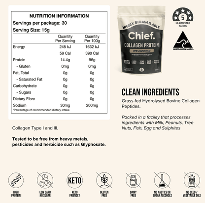 Australian Bovine Collagen Powder - Unflavoured | 30 Servings Chief Nutrition