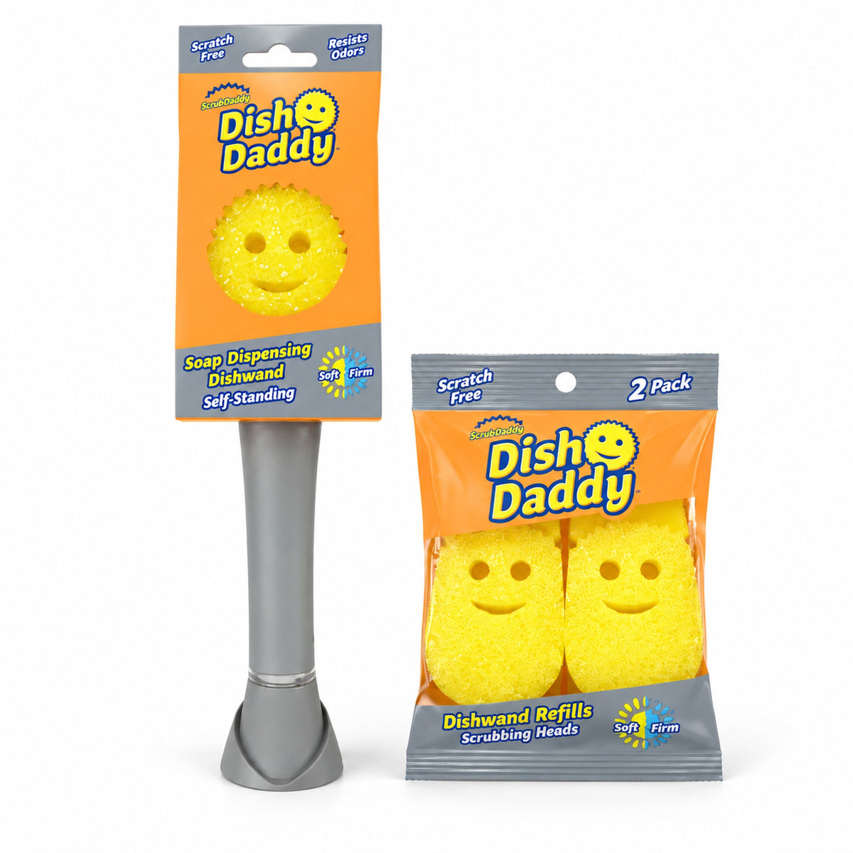 Scrub Daddy Dish Daddy kit with soap-dispensing dishwand and two refill heads on a white background
